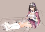  1girl between_legs black_hair breasts commentary_request fate/grand_order fate_(series) hairband jikatarou kotatsu large_breasts long_hair osakabe-hime_(fate/grand_order) playing_games sitting sketch skirt socks solo_focus steam table under_kotatsu under_table white_legwear 