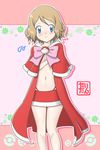  1girl absurdres alternate_costume blonde_hair blue_eyes blush bow breasts capelet christmas cleavage cutout drop_shadow female flying_sweatdrops fur_trim hand_up highleg highleg_panties miniskirt navel nervous outline panties pink_background pink_bow poke_ball_theme pokemon pokemon_(anime) pokemon_xy red_panties red_skirt serena_(pokemon) short_hair simple_background skirt small_breasts solo standing tax2rin text translation_request underwear watermark 