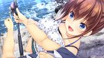  aqua_eyes asami_asami blush breasts brown_hair fang game_cg hibiki_works natural_vacation sarashina_yuzuki shorts water 