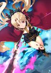  55level asymmetrical_legwear black_legwear blonde_hair cape earrings ereshkigal_(fate/grand_order) fate/grand_order fate_(series) from_above gold_trim hair_ribbon highres holding holding_weapon jewelry long_hair looking_to_the_side red_cape red_eyes red_ribbon ribbon single_thighhigh skull smile solo thighhighs tiara weapon 