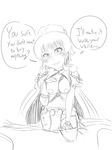  1girl anna_(fire_emblem) blush breasts english female fire_emblem greyscale hand_on_own_chest hand_up long_hair looking_at_viewer medium_breasts monochrome nipples ponytail redimplight simple_background sketch skirt smile solo speech_bubble talking text tied_hair white_background 