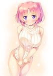  bangs bare_shoulders blush breasts closed_mouth commentary covering covering_crotch cowboy_shot eyebrows_visible_through_hair groin highres ichi_makoto large_breasts legs_together looking_at_viewer medium_hair mikakunin_de_shinkoukei naked_sweater parted_bangs pink_hair purple_eyes ribbed_sweater simple_background sleeveless sleeveless_turtleneck smile solo standing sweater turtleneck two_side_up white_sweater yonomori_kobeni 