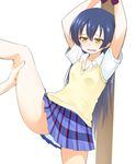  bangs bdsm blue_hair blush bondage bound bound_wrists commentary_request hair_between_eyes leg_up lifted_by_another long_hair love_live! love_live!_school_idol_project nanotsuki otonokizaka_school_uniform plaid plaid_skirt pleated_skirt school_uniform shirt short_sleeves simple_background skirt smile sonoda_umi spread_legs standing standing_on_one_leg tearing_up vest white_background white_shirt yellow_eyes 