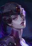  bodysuit close-up eyelashes face head_mounted_display highres lipstick long_hair looking_at_viewer makeup md5_mismatch nose open_mouth overwatch parted_lips portrait purple_bodysuit purple_lips purple_lipstick purple_skin solo teeth widowmaker_(overwatch) y_xun yellow_eyes 
