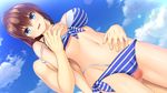  aqua_eyes asami_asami bikini blush breasts brown_hair cameltoe censored clouds game_cg hibiki_works long_hair natural_vacation navel nipples penis ponytail sarashina_yuzuki sky swimsuit wet 