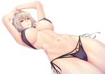  armpits arms_up bare_arms bare_shoulders bikini black_bikini black_ribbon blush breasts cameltoe closed_mouth covered_nipples cowboy_shot dutch_angle enty_reward fate/apocrypha fate/grand_order fate_(series) hair_ribbon hands_on_own_head highres hip_bones jeanne_d'arc_(alter)_(fate) jeanne_d'arc_(fate)_(all) large_breasts lips long_hair looking_at_viewer navel open_mouth paid_reward ribbon side-tie_bikini silver_hair simple_background solo standing stomach swimsuit thighs underboob white_background yellow_eyes zucchini 
