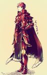  armor armored_boots artist_name asao_(sakuya) boots cape copyright_name fire_emblem fire_emblem_echoes:_mou_hitori_no_eiyuuou fur_trim gloves headwear_removed helmet helmet_removed horns lukas_(fire_emblem) male_focus red_armor red_eyes red_hair simple_background solo yellow_background 