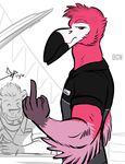  2016 anthro avian beak bgn bird clothed clothing duo dylan_(bgn) feathered_wings feathers flamingo male middle_finger pink_feathers solo_focus winged_arms wings 
