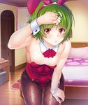  :o animal_ears bare_shoulders bed breasts bunny_ears bunnysuit character_request commentary_request copyright_request detached_collar downblouse fake_animal_ears green_hair hand_on_own_leg highres leotard looking_at_viewer pantyhose parted_lips red_eyes short_hair small_breasts solo thigh_gap wrist_cuffs zol 