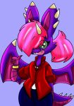  blue_background bracelet clothed clothing dragon girly green_eyes hair horn jewelry open_mouth rouarts_(artist) scalie secretary simple_background snaggle_tooth solo spikes spinky_wings_(character) thick_tail wings 
