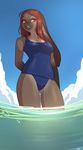  2017 anthro brown_hair clothed clothing day digital_media_(artwork) female hair lagomorph mammal one-piece_swimsuit outside partially_submerged rabbit red_eyes sky smile swimsuit uni water 