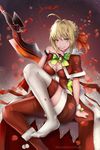  ahoge akais blonde_hair breasts christmas fate/extra fate/grand_order fate_(series) hair hat medium_breasts red_legwear saber_extra sword weapon yellow_eyes 