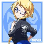  ;) blonde_hair blue-framed_eyewear blue_eyes commentary english_commentary enta_girl falcoon highres jacket looking_back mascot neo_geo no_hat no_headwear official_art one_eye_closed semi-rimless_eyewear smile snk solo 