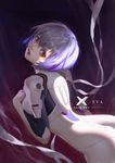  arm_at_side ass ayanami_rei bandages bangs blue_hair bodysuit breasts clothes_writing commentary copyright_name evangelion:_3.0_you_can_(not)_redo eyelashes from_side gradient gradient_background hair_between_eyes hand_on_own_chest hand_up head_back head_tilt highres impossible_bodysuit impossible_clothes leaning_forward light lips looking_at_viewer looking_back medium_breasts neon_genesis_evangelion nose pale_skin parted_lips plugsuit purple_background rebuild_of_evangelion red_eyes red_lips ribbon shiny shiny_hair short_hair solo white_bodysuit white_ribbon y_xun 