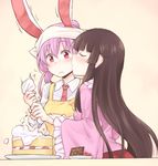  animal_ears apron arm_holding black_hair blush bunny_ears cake cheek_kiss closed_eyes commentary_request dra dress ear_twitch food fruit hand_on_another's_arm happy_birthday hime_cut houraisan_kaguya japanese_clothes kiss long_hair multiple_girls necktie pink_dress purple_hair red_eyes red_skirt reisen_udongein_inaba skirt strawberry surprised touhou yuri 