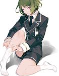  adjusting_sock black_neckwear double-breasted gold_trim green_hair male_focus military military_uniform mouri_toushirou necktie no_shoes purple_eyes shorts simple_background single_horizontal_stripe sitting socks solo touken_ranbu tuke_omio uniform white_legwear 