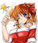  ;) alcohol bangs bare_shoulders blue_eyes breasts brown_hair champagne champagne_flute cleavage cup dated dress drinking_glass eyebrows_visible_through_hair hair_bobbles hair_ornament hair_ribbon highres holding jewelry large_breasts long_hair looking_at_viewer lyrical_nanoha necklace off_shoulder one_eye_closed raising_heart red_dress red_ribbon ribbon san-pon santa_costume side_ponytail smile solo star takamachi_nanoha twitter_username upper_body vivid_strike! 