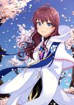  aki_no_suke_p blue_eyes cherry_blossoms commentary_request cosplay day fate/grand_order fate_(series) highres ichinose_shiki idolmaster idolmaster_cinderella_girls long_hair merlin_(fate) merlin_(fate)_(cosplay) red_hair robe sky smile solo wavy_hair 