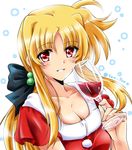  alcohol bangs black_bow blonde_hair bow breasts cleavage cup dated dress drinking_glass eyebrows_visible_through_hair fate_testarossa grin hair_bobbles hair_bow hair_ornament highres holding long_hair looking_at_viewer lyrical_nanoha medium_breasts red_dress red_eyes san-pon santa_costume smile solo twitter_username upper_body vivid_strike! wine wine_glass 