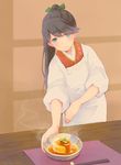  apron black_hair blue_eyes blush bowl chopsticks closed_mouth colis commentary_request food food_request houshou_(kantai_collection) indoors japanese_clothes kantai_collection kappougi long_hair looking_at_viewer placemat ponytail smile solo 