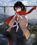  absurdres black_hair blue_eyes blush can chain-link_fence crying day drink fence highres hitaki_yuu original outdoors pantyhose rooftop scarf school_uniform sky snow solo tears winter 
