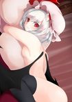  bangs bat_wings black_legwear breasts commentary_request eyebrows_visible_through_hair hat indoors looking_at_viewer lying nude on_bed on_stomach pillow red_eyes remilia_scarlet silver_hair small_breasts smile solo thighhighs touhou utakata_(kochou_no_yume) wings 