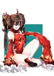  absurdres bad_anatomy big_hair breasts brown_eyes brown_hair china_dress chinese_clothes covered_nipples detached_sleeves double_bun dress girls_frontline hairpods highres looking_at_viewer makai medium_breasts over-kneehighs qbz-97_(girls_frontline) red_dress sitting sleeves_past_wrists solo thighhighs white_legwear 