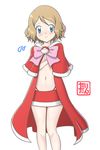  absurdres blue_eyes blush bow bowtie breasts brown_hair cape capelet cleavage collarbone fur_trim hair_between_eyes highleg highleg_panties highres looking_away miniskirt panties panty_straps pink_bow poke_ball_symbol pokemon pokemon_(anime) pokemon_xy_(anime) red_cape red_capelet red_panties red_skirt serena_(pokemon) short_hair simple_background skirt small_breasts solo standing tax2rin underwear white_background 