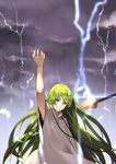  55level bangs blue_eyes chain cloud cloudy_sky enkidu_(fate/strange_fake) enkidu_(weapon) eyebrows_visible_through_hair fate/strange_fake fate_(series) green_hair hand_up highres lightning long_hair long_sleeves looking_at_viewer male_focus robe sky solo white_robe 