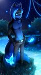  2017 anthro arthropod belt blue_eyes blue_fur blue_hair butterfly canine clothing coff echelon_kayari fantasy feline fox fur hair heterochromia hybrid insect leaves male mammal nature night outside pants river sky smile standing star water 