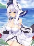  anchor azur_lane bangs beach blue_eyes blush breasts choker cleavage day dress elbow_gloves error_dot eyebrows_visible_through_hair gloves hair_ornament hair_over_shoulder hand_on_headwear hat highres illustrious_(azur_lane) lace-trimmed_hat large_breasts long_hair looking_at_viewer mole mole_under_eye ocean outdoors sitting smile solo strapless strapless_dress tri_tails white_dress white_gloves white_hair wind 