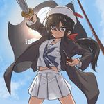  akatsuki_no_akatsuki arm_up bangs black_jacket blouse blue_neckwear closed_mouth cloud cloudy_sky commentary cowboy_shot dark_skin day dixie_cup_hat eyebrows_visible_through_hair eyes_visible_through_hair feathers flag girls_und_panzer hat highres holding holding_pipe jacket long_hair long_sleeves looking_at_viewer military_hat miniskirt navel neckerchief ogin_(girls_und_panzer) ooarai_naval_school_uniform pipe pleated_skirt sailor school_uniform skirt skull_and_crossbones sky smirk solo standing sword weapon white_blouse white_skirt 