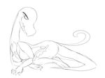  1girl breasts claws female full_body furry greyscale half-closed_eyes looking_at_viewer lying medium_breasts monochrome no_humans on_side pokemon pokemon_(creature) pokemon_sm redimplight salazzle seductive_smile simple_background sketch slit_pupils smile solo tail white_background 