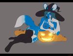  2017 anthro black_bars black_eyes black_nose blue_hair breasts digital_media_(artwork) food fruit hair nipples pumpkin pussy uni wild_dog 