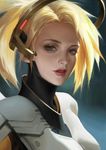  blonde_hair blue_eyes bodysuit breasts close-up commentary eyelashes highres lips lipstick looking_at_viewer makeup md5_mismatch mechanical_halo medium_breasts mercy_(overwatch) nose overwatch parted_lips red_lips red_lipstick short_hair solo teeth white_bodysuit y_xun 