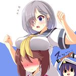  blush breast_press breast_rest breasts breasts_on_head brown_hair commentary_request crying eyes_visible_through_hair female_admiral_(kantai_collection) flying_sweatdrops hair_ornament hair_over_one_eye hairclip hamakaze_(kantai_collection) highres kantai_collection large_breasts long_hair long_sleeves multiple_girls neckerchief ryuujou_(kantai_collection) school_uniform serafuku short_hair short_sleeves silver_hair suzune_kou sweatdrop twintails visor_cap yellow_neckwear 