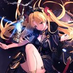  ankle_boots anklet artist_name bangs bare_legs birdcage black_dress black_legwear blonde_hair blush boots breasts cage cape chain cleavage closed_mouth dark_background detached_sleeves dress ereshkigal_(fate/grand_order) eyebrows_visible_through_hair fate/grand_order fate_(series) feet_out_of_frame fur-trimmed_cape fur_trim glowing gold_trim hair_ribbon jewelry lens_flare long_hair long_sleeves looking_at_viewer parted_bangs petals red_eyes red_ribbon ribbon short_dress single_detached_sleeve single_thighhigh skirt skull small_breasts smile solo spine supertie tassel thighhighs thighs tiara two_side_up very_long_hair yellow_footwear 