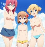  3girls amano_miu arms_behind_back bikini bikini_bottom blend_s blonde_hair blue_eyes blue_sky braid breasts brown_hair closed_mouth cloud collarbone cowboy_shot day female glasses gluteal_fold hair_between_eyes hair_flower hair_ornament hinata_kaho hoshikawa_mafuyu jitome looking_at_viewer medium_breasts miniskirt multiple_girls naked_edit nipples nude open_mouth outdoors petite red_hair reo_sensei_(user_rjfw8388) semi-rimless_eyewear skirt sky small_breasts swimsuit topfreedom topless twin_braids 