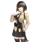  alternate_hair_length alternate_hairstyle ammunition_pouch assault_rifle bangs beige_shirt belt black_hair black_legwear black_neckwear black_skirt blonde_hair blunt_bangs bob_cut brown_eyes brown_hair buckle collared_shirt commentary_request eyebrows_visible_through_hair girls_frontline gloves gun highres holding holding_gun holding_weapon long_sleeves looking_at_viewer m16a1 m16a1_(girls_frontline) magazine_(weapon) multicolored_hair necktie npt_(akzkfhsk0503) open_mouth pleated_skirt pouch rifle shirt short_hair simple_background skirt smile solo strap streaked_hair thighhighs weapon white_background 