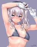  armpits bangs beret bikini bikini_top black_bikini black_bikini_top black_hat blue_eyes blush breasts breasts_apart closed_mouth collarbone eyebrows_visible_through_hair gloves grey_hair happa_(cloverppd) hat kantai_collection kashima_(kantai_collection) lips looking_at_viewer medium_breasts nose_blush purple_background signature silver_hair simple_background smile solo string_bikini swimsuit tsurime twintails underboob upper_body wavy_hair white_gloves 