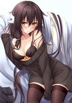  alternate_costume alternate_hairstyle azur_lane black_bra black_hair black_legwear black_sweater blush bra breasts highres horns long_hair looking_at_viewer looking_to_the_side medium_breasts mikasa_(azur_lane) simple_background sleeves_past_wrists solo sweater thighhighs underwear white_background yellow_eyes yoye_(pastel_white) 