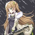  ahoge assault_rifle bangs black_gloves blush bow breasts brown_hair bullpup choker closed_mouth collarbone commentary dog_tags double_bun dress earrings expressionless eyebrows_visible_through_hair fingerless_gloves floating_hair fur-trimmed_jacket fur_trim girls_frontline gloves green_eyes gun hair_bow heavy_breathing holding holding_gun holding_weapon jacket jewelry kel-tec kel-tec_rfb long_hair looking_at_viewer medium_breasts multiple_earrings necklace off_shoulder rfb_(girls_frontline) rifle smile snow snow_on_body snow_on_head solo vils weapon wind wind_lift 