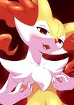  1girl animal_ears biidama blush braixen breast_hold breasts fangs female fox_ears furry hands_up highres navel nipples no_humans open_mouth pokemon pokemon_(creature) pokemon_xy red_background red_eyes simple_background small_breasts smile solo teeth upper_body 