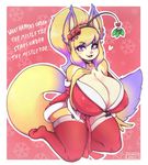  &lt;3 2017 anthro bev big_breasts breasts cat christmas cleavage clothed clothing collar dialogue english_text fangs feline female hair hi_res holidays huge_breasts kneeling legwear long_hair looking_at_viewer mammal mistletoe open_mouth plant purple_eyes secretly_saucy solo text 