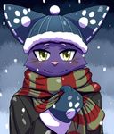  2017 anthro blush cat clothing feline gloves hat headwear looking_at_viewer male mammal morenatsu outside pawpads scarf shin_(morenatsu) smile snow solo wycicus 