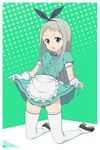  1boy :3 apron blend_s collared_shirt exit_nothing full_body gloves green_background hair_between_eyes hairband kanzaki_hideri kneeling lifted_by_self long_hair looking_at_viewer open_mouth outside_border polka_dot polka_dot_background shirt shoes silver_hair skirt skirt_lift solo thighhighs trap waitress white_apron white_gloves white_legwear zettai_ryouiki 