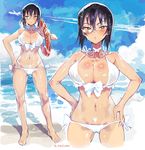  aircraft airplane barefoot beach bikini black_hair blue_eyes blush breasts choker cleavage closed_mouth condensation_trail cropped_legs day full_body girls_und_panzer hair_between_eyes hand_on_hip hands_on_hips highres innertube kawashima_momo large_breasts looking_at_viewer monocle multiple_views navel norinco outdoors sand shore short_hair side-tie_bikini signature standing swimsuit white_bikini 