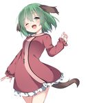  amashi_(qcmrq906) animal_ears bad_id bad_pixiv_id bangs blush cowboy_shot dress fang green_eyes green_hair hand_up kasodani_kyouko long_sleeves one_eye_closed open_mouth pink_dress short_dress simple_background solo tail touhou white_background 