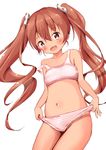  :d bangs bare_arms bare_shoulders blush bow bow_panties bra brown_eyes brown_hair collarbone commentary cowboy_shot eyebrows_visible_through_hair fang groin hair_between_eyes hair_bow highres kantai_collection libeccio_(kantai_collection) long_hair looking_at_viewer mochiyuki navel open_mouth panties panty_lift polka_dot polka_dot_bow simple_background smile solo strapless striped striped_panties twintails underwear underwear_only very_long_hair white_background white_bow white_bra 