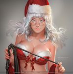  2017 artist_name blue_eyes bra breasts closed_mouth copyright_request dated fur_trim glasses hat highres large_breasts long_hair looking_at_viewer nail_polish nutthapon_petchthai red_bra red_nails red_ribbon ribbon santa_hat solo underwear watermark white_hair 